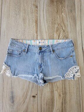 Roxy Boho Light Wash Denim Cutoff Shorts with Crochet Lace